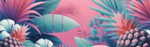 Plantes tropicales et ananas sur fond rosé